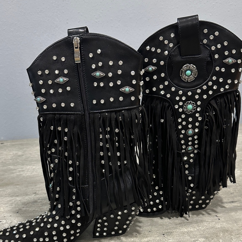 Studded Fringe Black Heeled Boots - Picture 2 of 4
